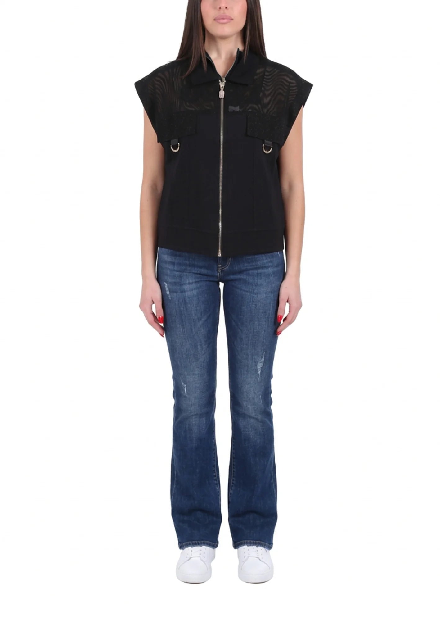 LIU JO Felpa smanicata gilet con inserti in mesh effetto rete
