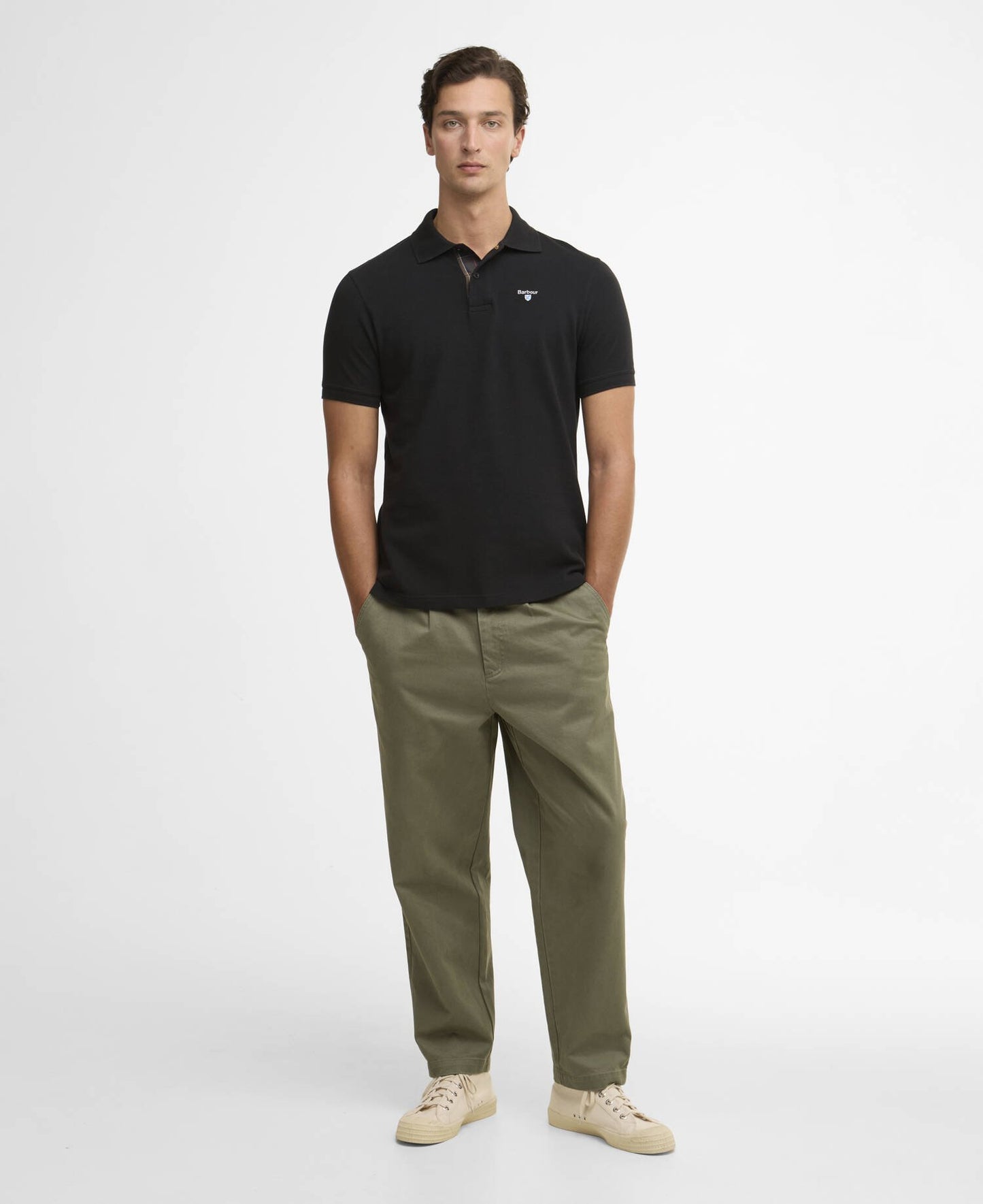 BARBOUR Polo uomo maniche corte in piquè con inserti tartan sotto ai bottoni e collo