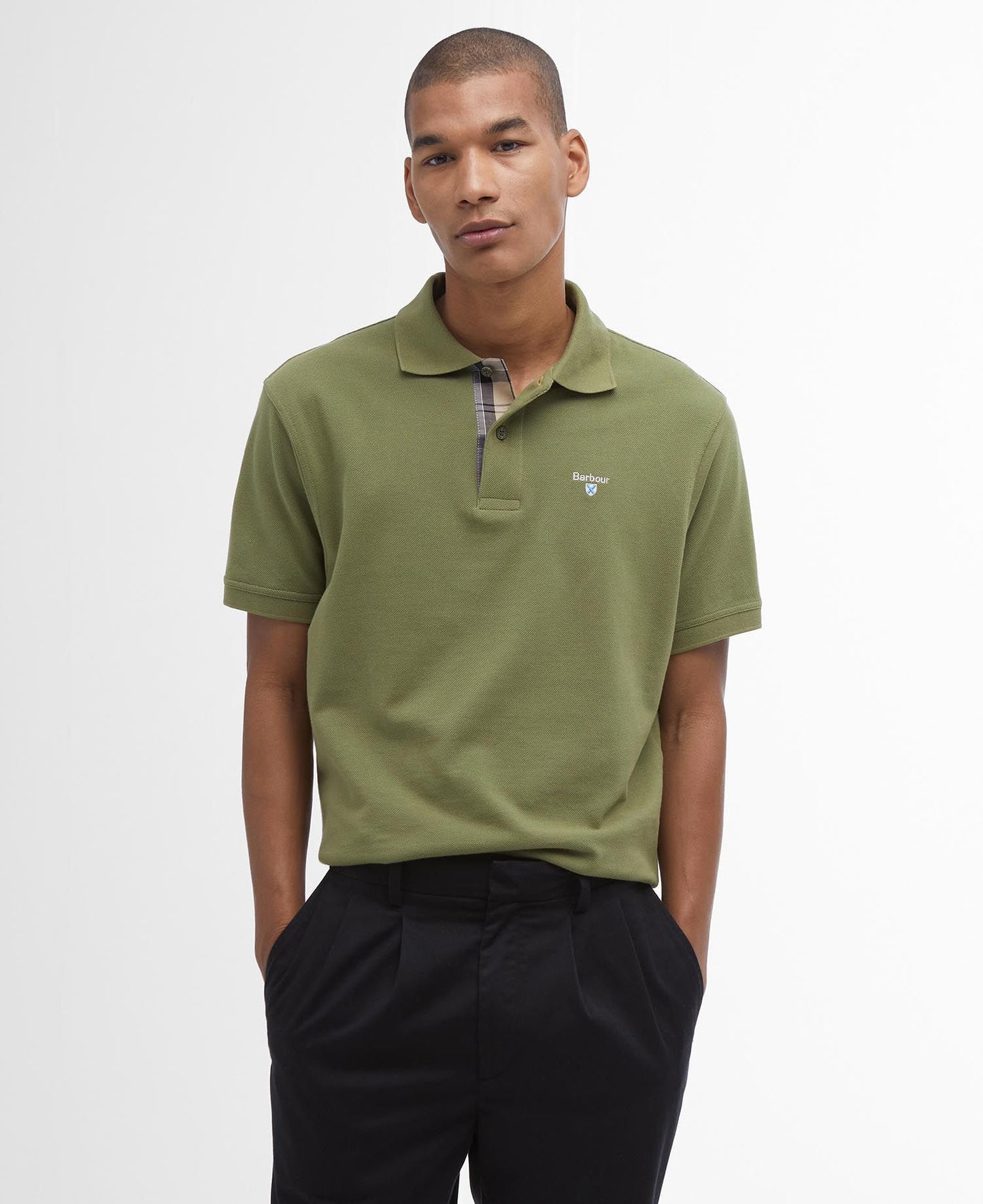 BARBOUR Polo uomo maniche corte in piquè con inserti tartan sotto ai bottoni e collo