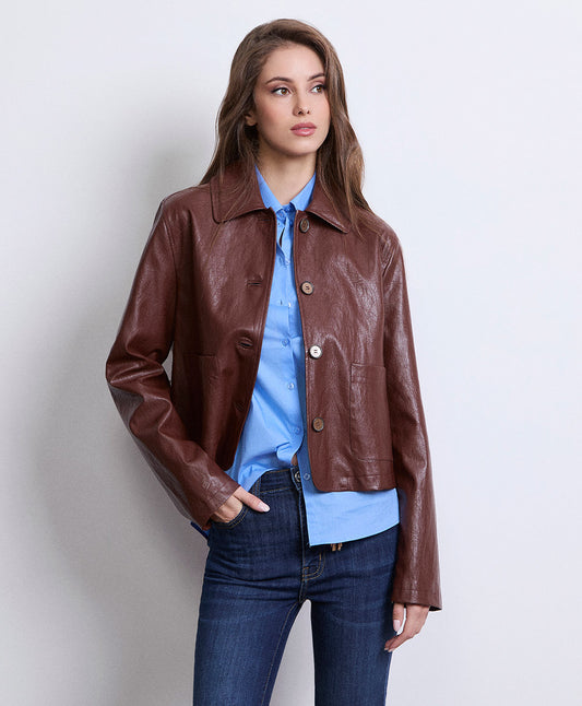 MARKUP Giacca in ecopelle con bottoni e taschine frontali cacao