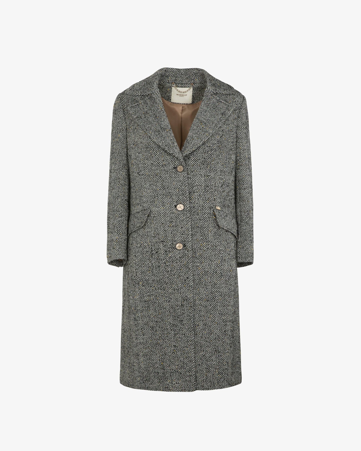 MARKUP Cappotto donna rescato panna nero con dettagli senape