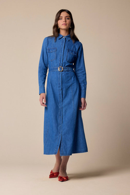KOCCA Abito chemisier in denim lunghezza midi con cintura e fibbia oro
