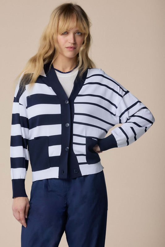KOCCA Cardigan in filo bicolore a righe blu e bianco