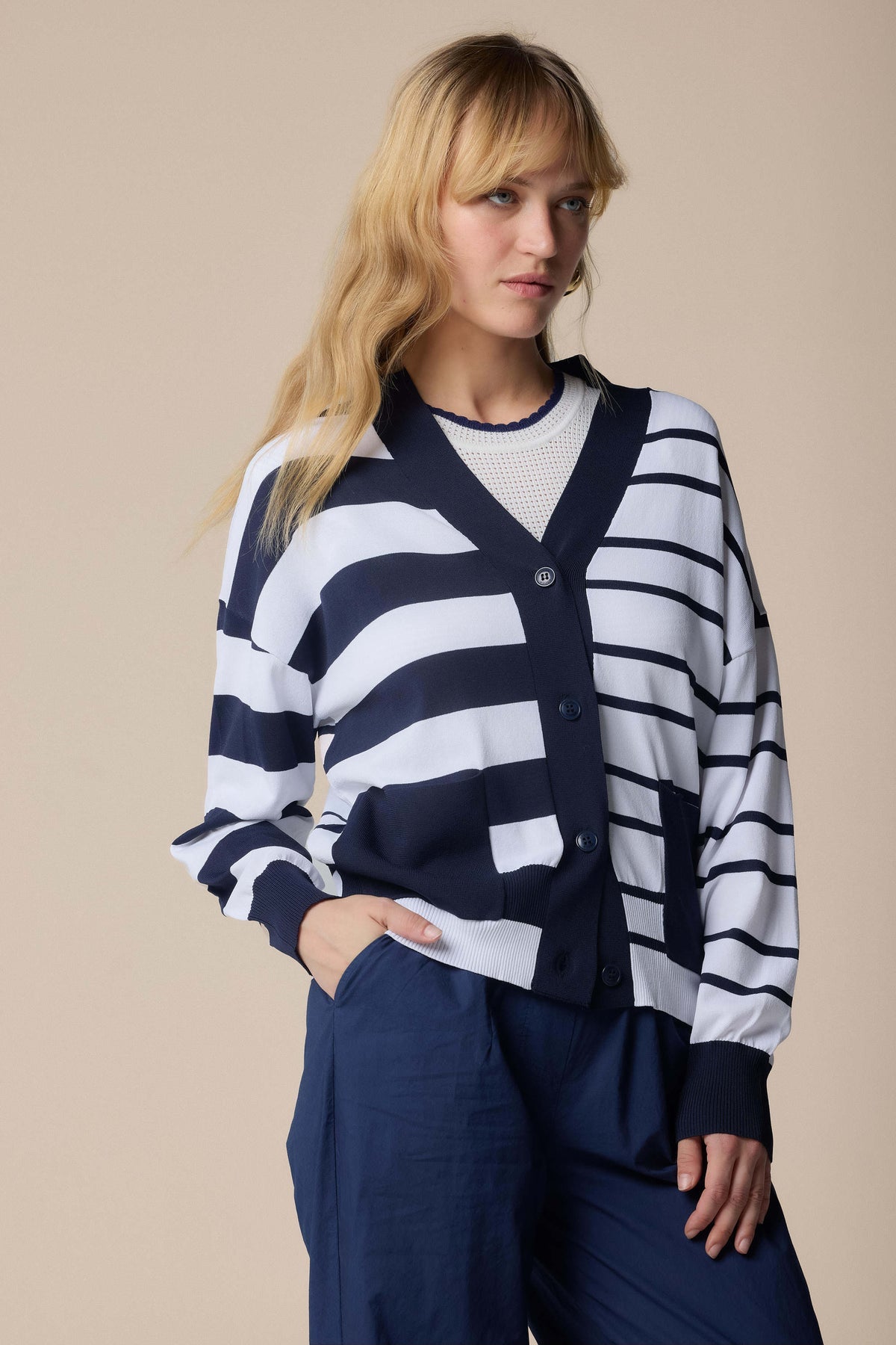 KOCCA Cardigan in filo bicolore a righe blu e bianco