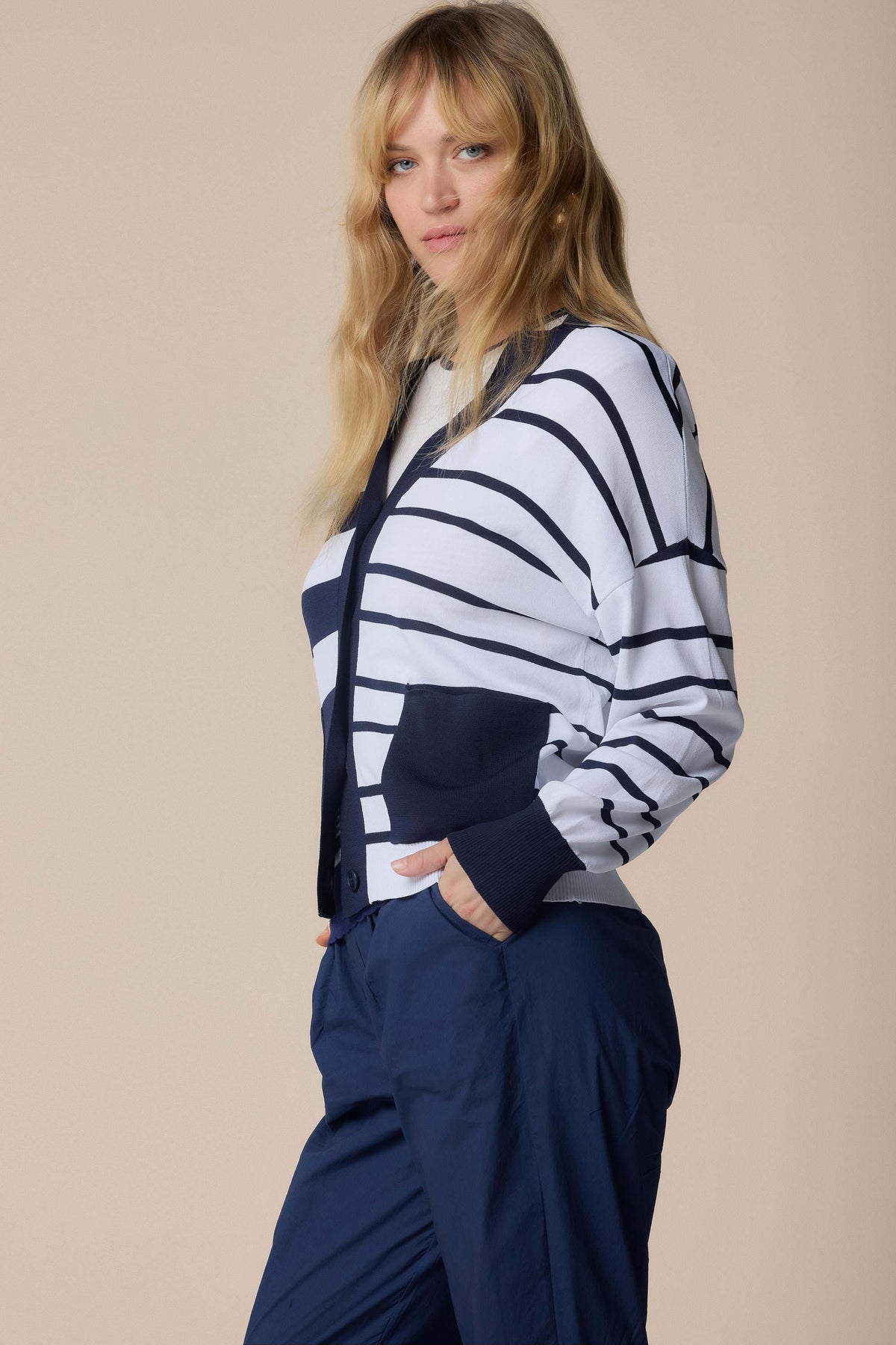 KOCCA Cardigan in filo bicolore a righe blu e bianco