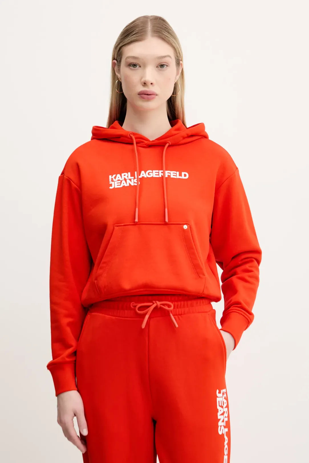 KARL LAGERFELD Felpa con cappuccio da donna corallo e tasca a marsupio con logo frontale