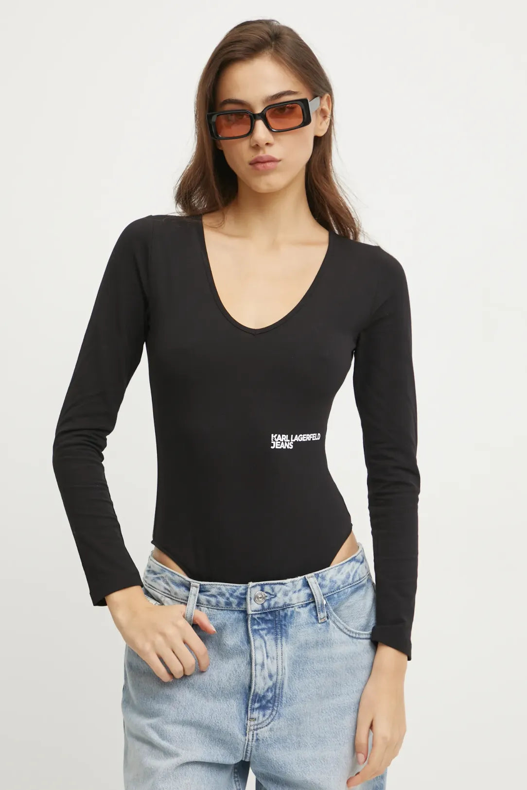 KARL LAGERFELD T-Shirt body maniche lunghe scollo a V nera con logo in contrasto bianco