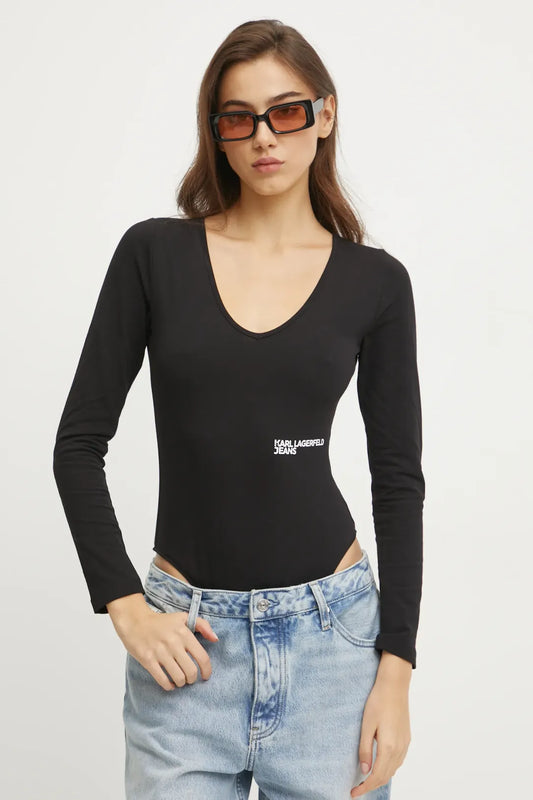 KARL LAGERFELD T-Shirt body maniche lunghe scollo a V nera con logo in contrasto bianco