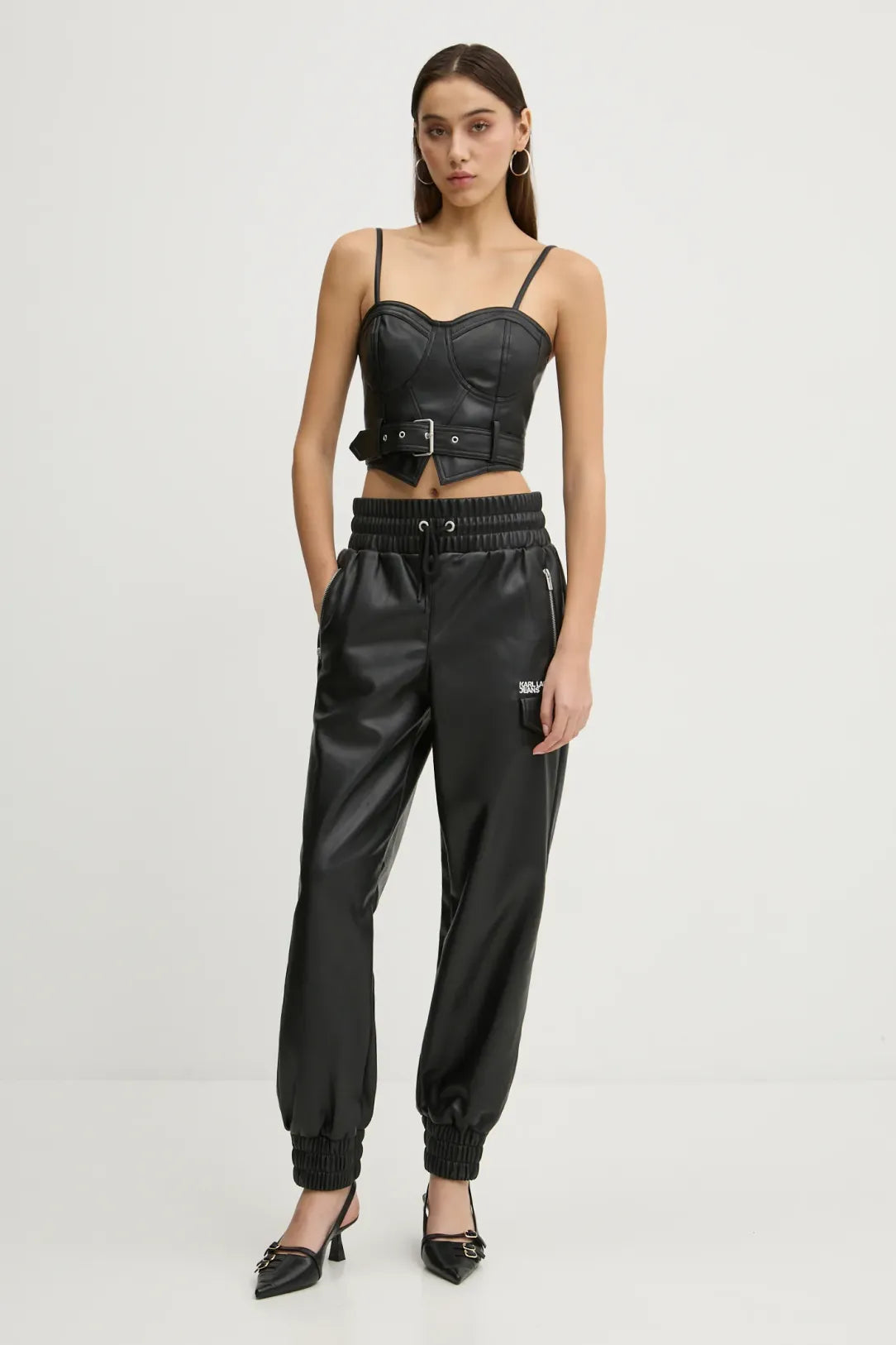 KARL LAGERFELD Top bustino in ecopelle con zip posteriore e cintura logata