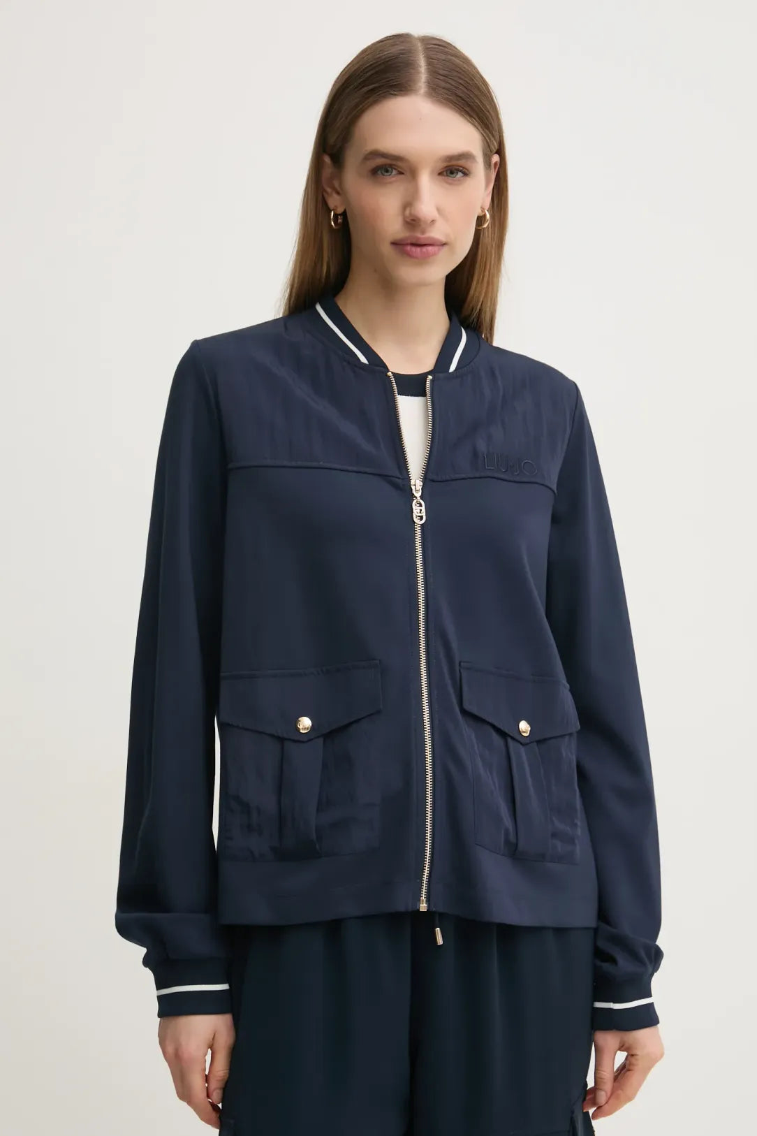 LIU JO Felpa donna blu con zip oro e tasche, bitessuto e schiena con apertura alare