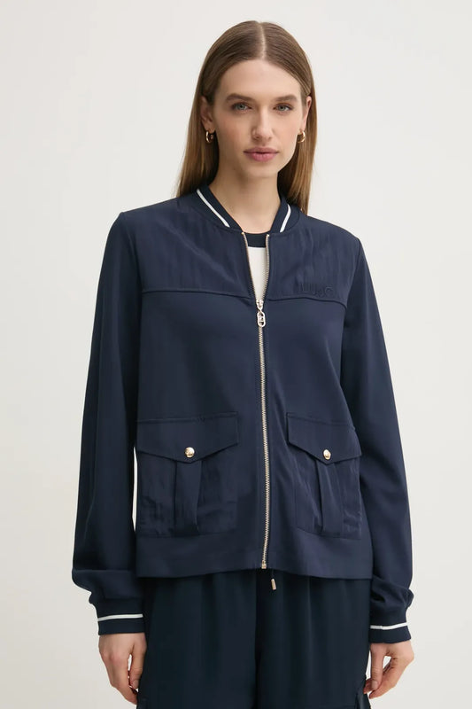 LIU JO Felpa donna blu con zip oro e tasche, bitessuto e schiena con apertura alare