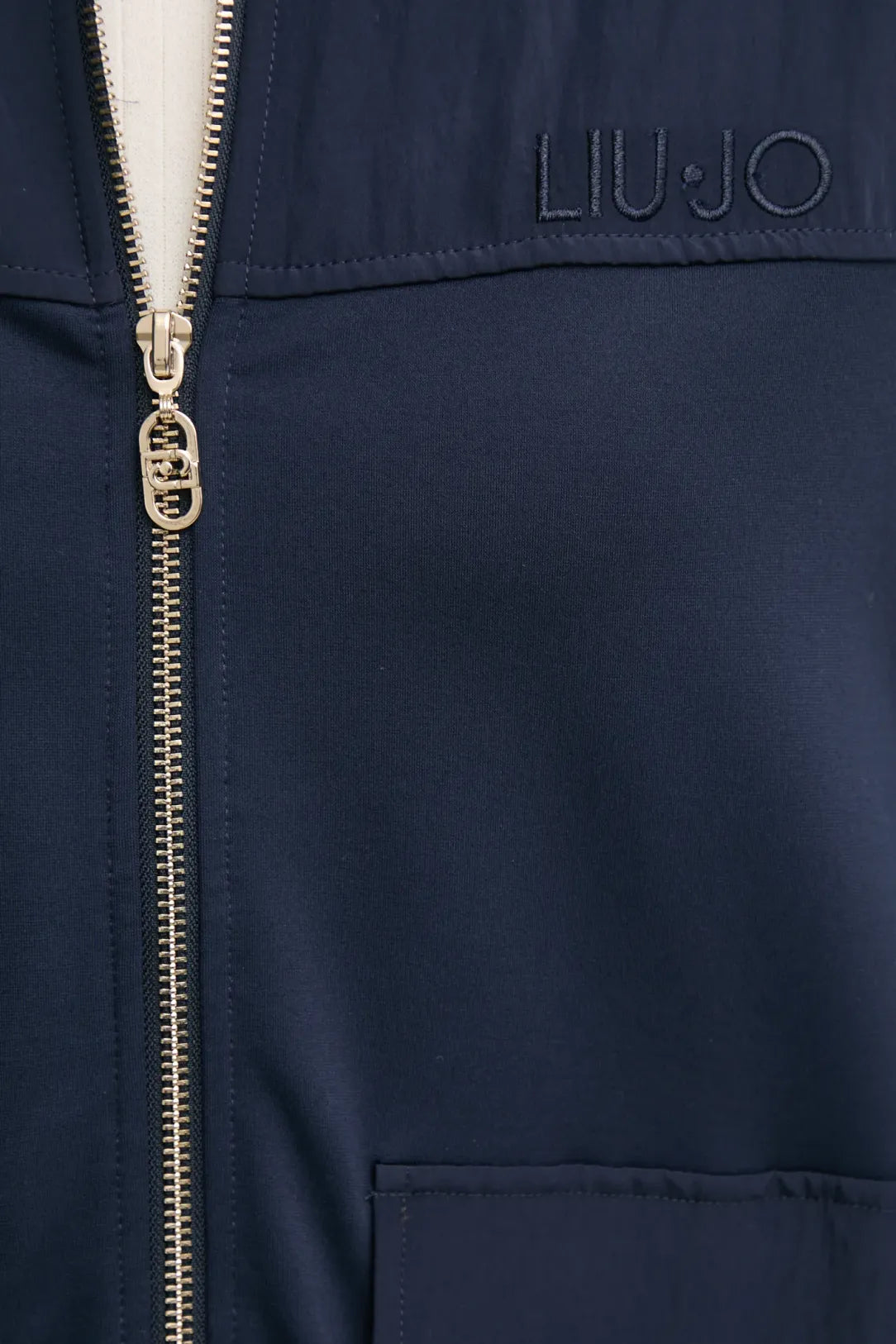 LIU JO Felpa donna blu con zip oro e tasche, bitessuto e schiena con apertura alare