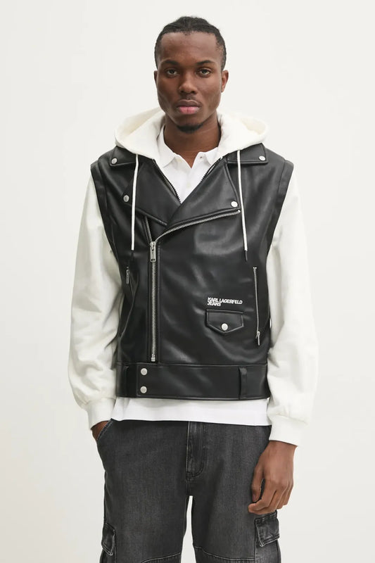 KARL LAGERFELD Giubbotto da uomo in ecopelle nera con maniche, pettorina e cappuccio staccabile