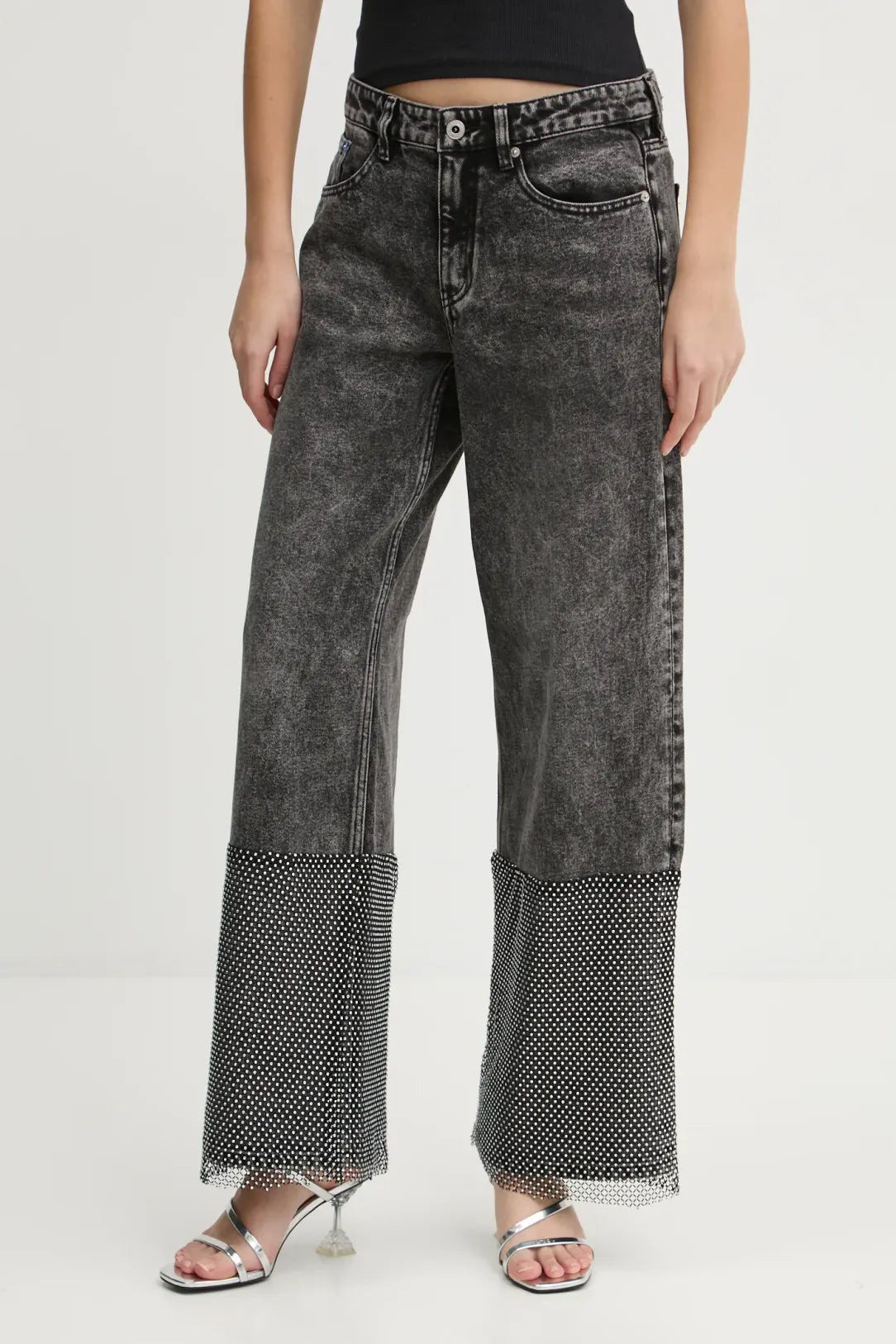 KARL LAGERFELD Jeans largo con inserto sul fondo di rete di strass