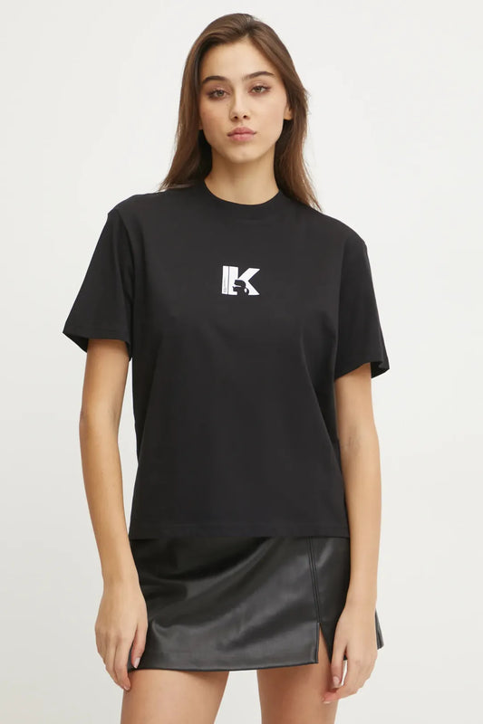KARL LAGERFELD T-shirt donna a scatoletta, maniche corte nera con logo frontale in contrasto