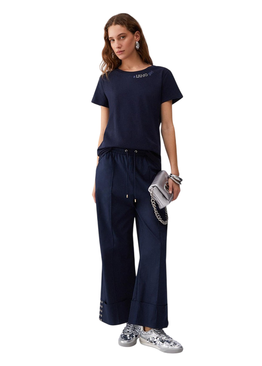LIU JO Pantaloni in popeline di cotone con risvoltone e applicazione borchie