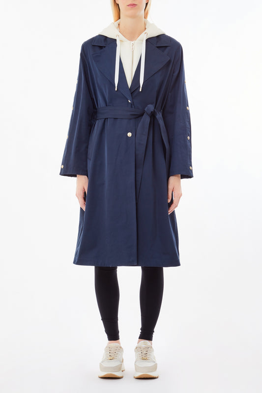 LIU JO Trench in rasatello di cotone blu con pettorina e cappuccio in jersey bianco staccabile