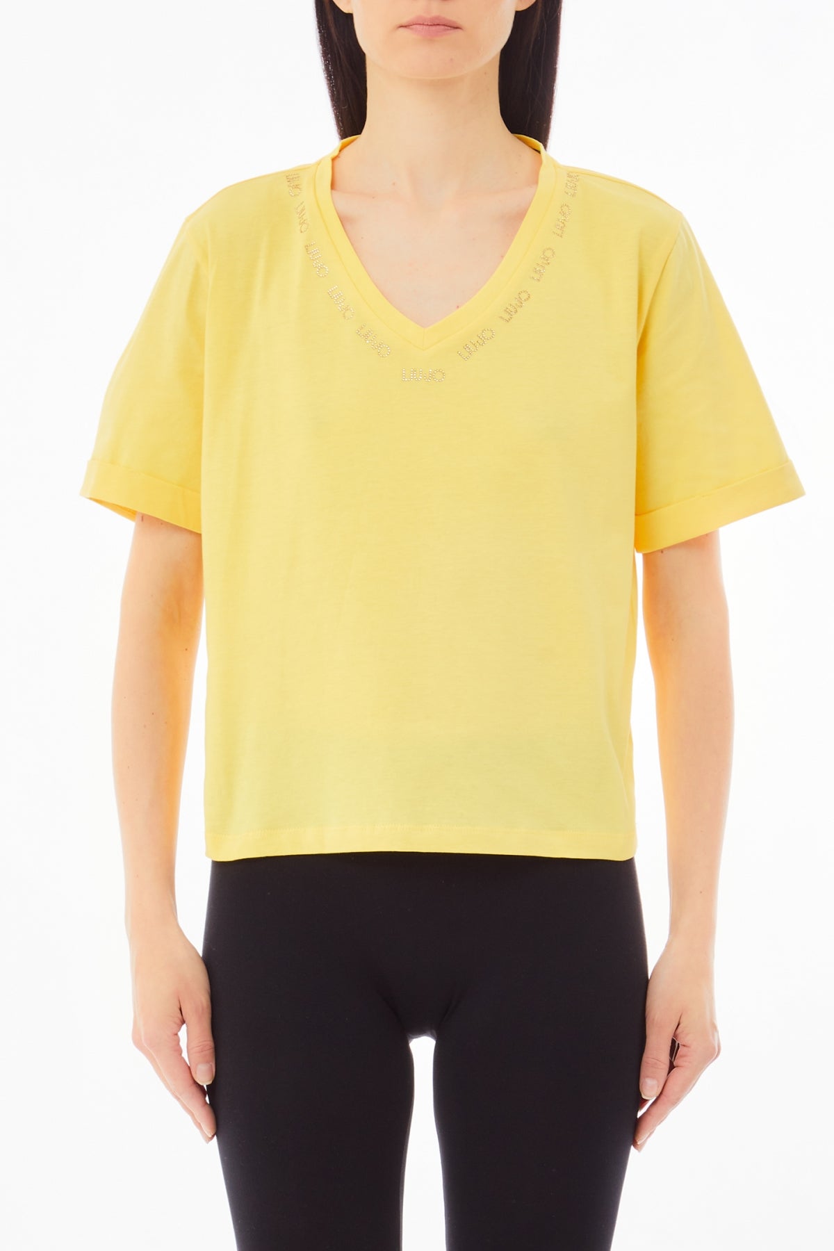 LU JO T-Shirt maniche corte a scatoletta scollo V con loghi intorno alla scollatura rosa e gialla