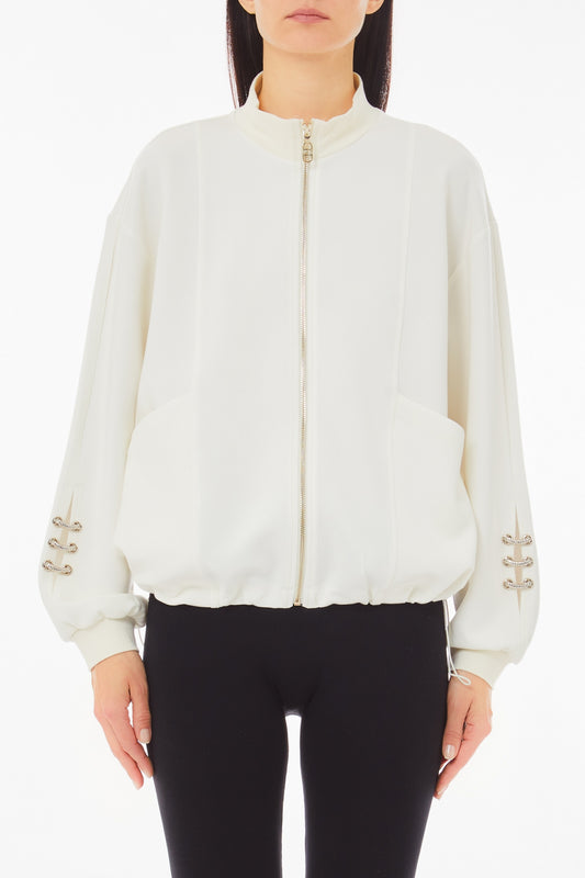 LIU JO Felpa donna con zip frontale in neoprene bianco e tagli sulle maniche