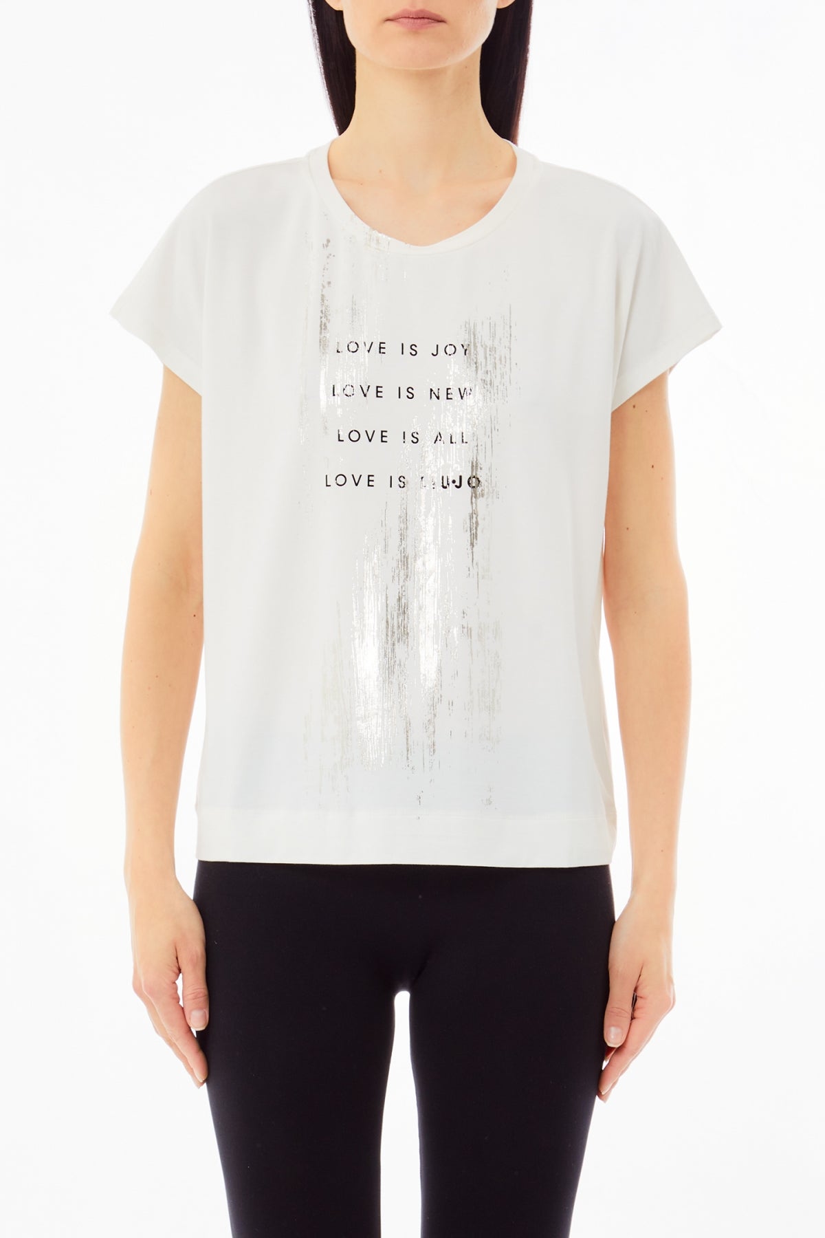 LIU JO T-Shirt maniche corte donna girocollo bianca effetto spalmato argento frontale