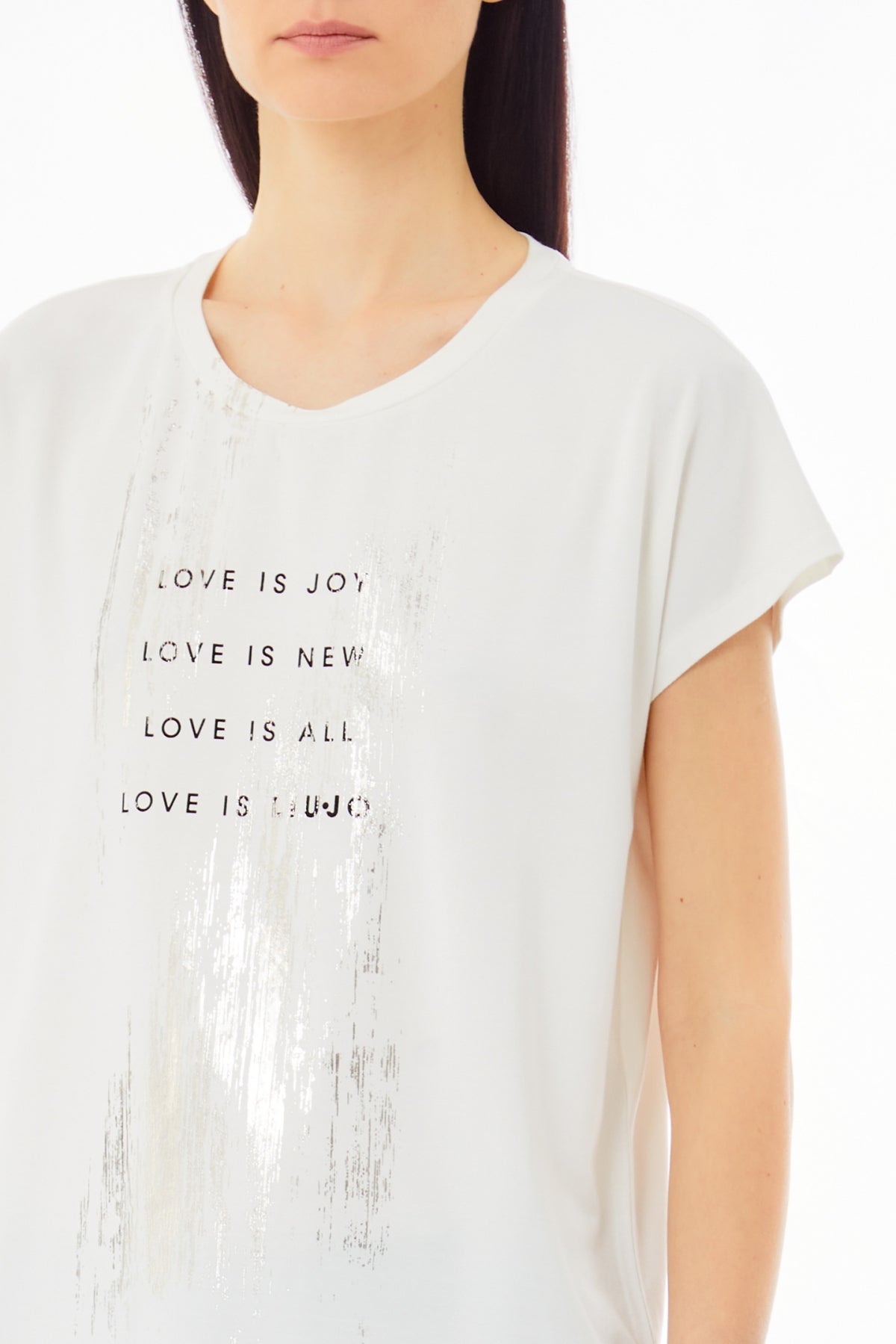 LIU JO T-Shirt maniche corte donna girocollo bianca effetto spalmato argento frontale