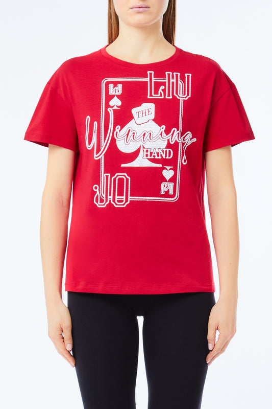 LIU JO T-Shirt maniche corte con stampa carte di gioco e strass