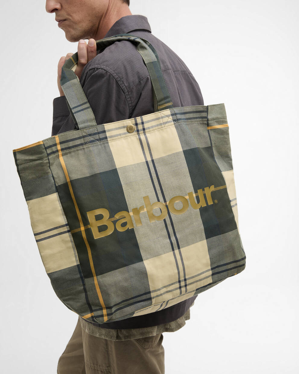 BARBOUR Borsa shopper TELFIELD TARTAN TOTE in cotone beige