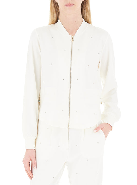 LIU JO Felpa donna in jersey elasticizzato con loghi e castoni all over bianca