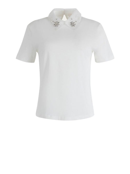 KOCCA Polo donna in cotone con colletto in organza e pietre bianca