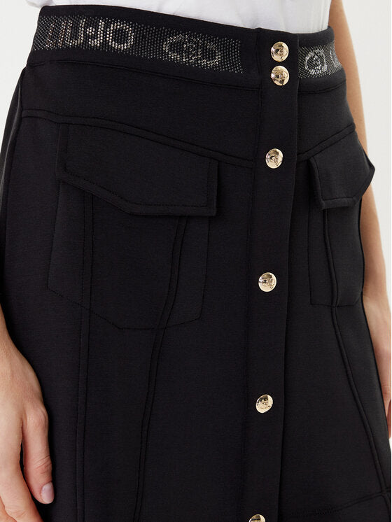 LIU JO Gonna nera  in neoprene con bottoni frontali in contrasto e molla logata