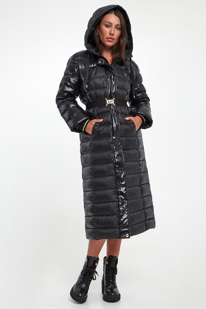 LIU JO Giubbotto lungo bitessuto con cinta removibile nero in vera piuma