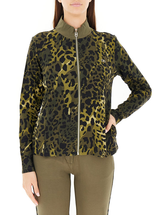 LIU JO Felpa con zip in stampa animalier verde
