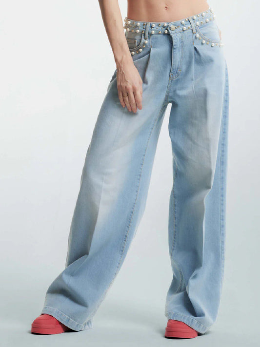 KOCCA Jeans donna chiaro con perle e studs gamba a palazzo e pinces