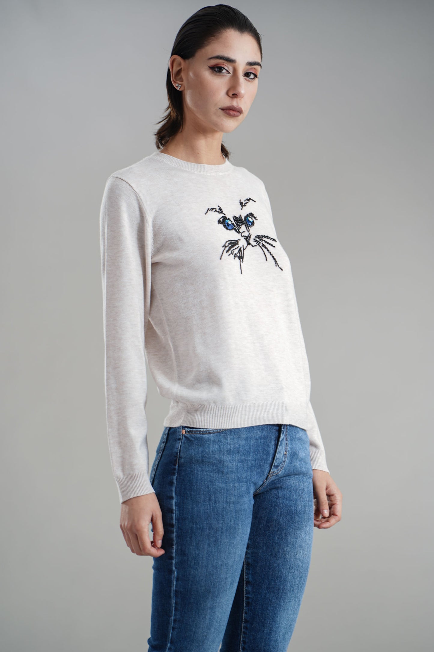 IL THÈ DELLE 5 Maglia girocollo con ricamo faccia gatto