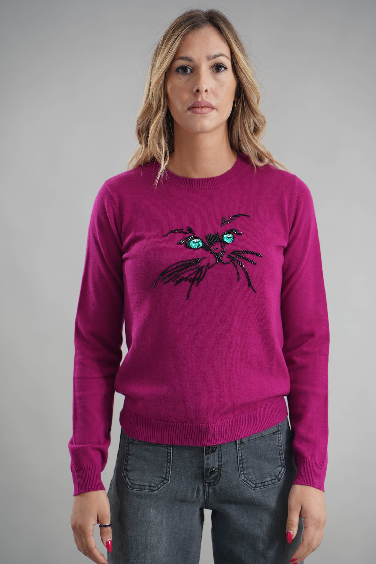 IL THÈ DELLE 5 Maglia girocollo con ricamo faccia gatto