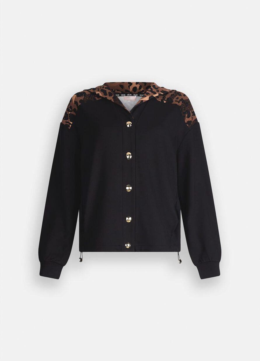 LIU JO Felpa con cappuccio e bottoni frontali nera con contrasto animalier