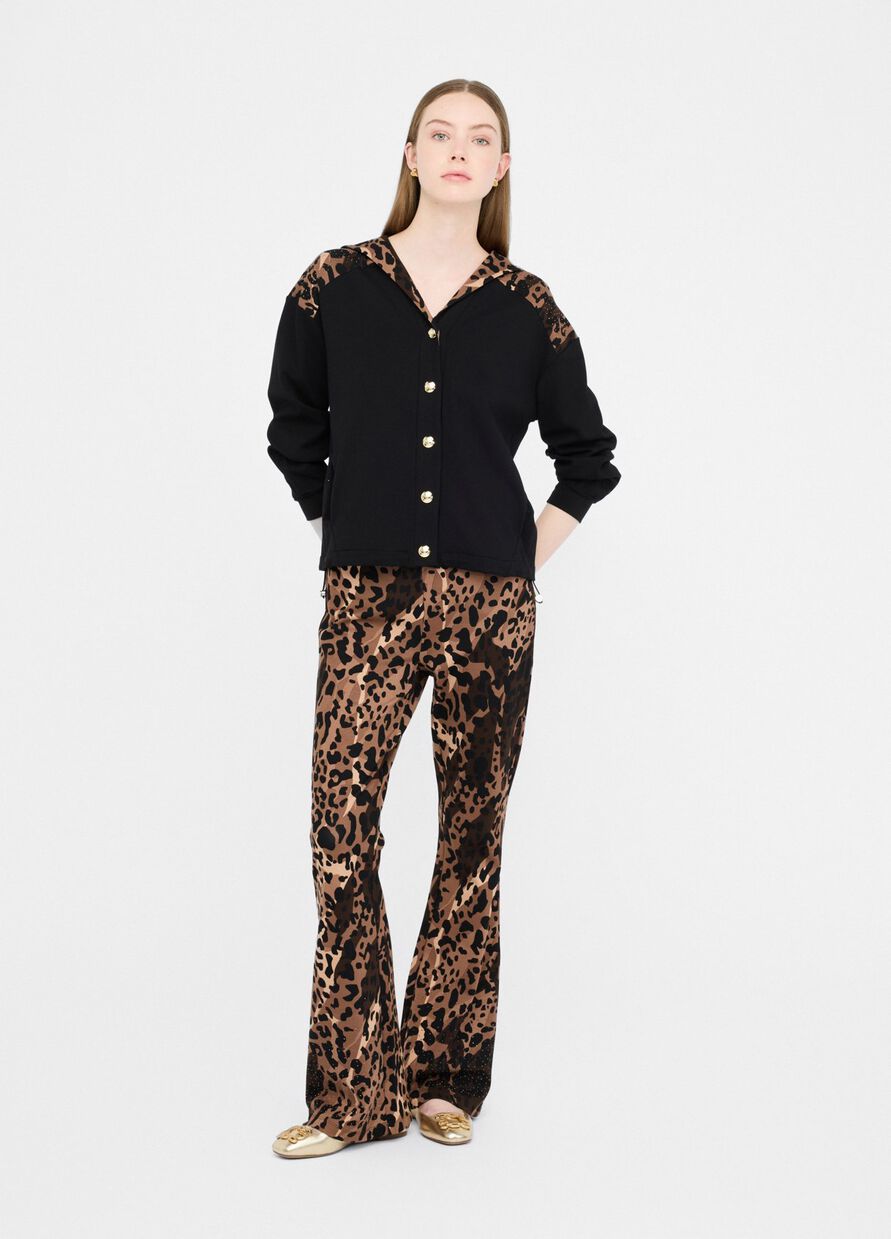 LIU JO Felpa con cappuccio e bottoni frontali nera con contrasto animalier
