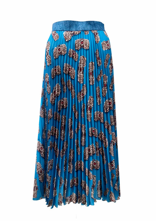 IL THÈ DELLE 5 Gonna plissé turchese con stampa bracciali e molla in vita