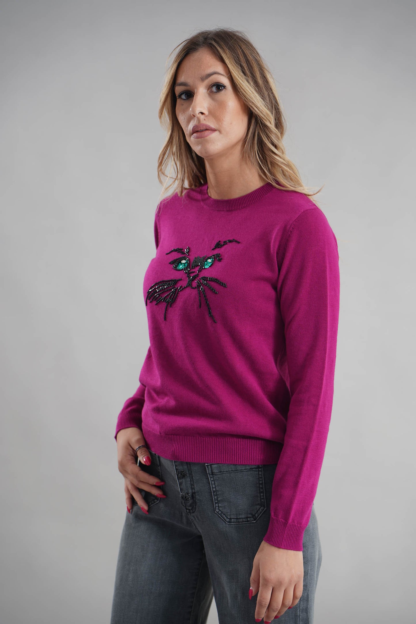 IL THÈ DELLE 5 Maglia girocollo con ricamo faccia gatto