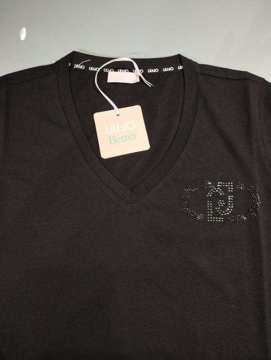 LIU JO T-Shirt maniche corte scollo V con loghi strass