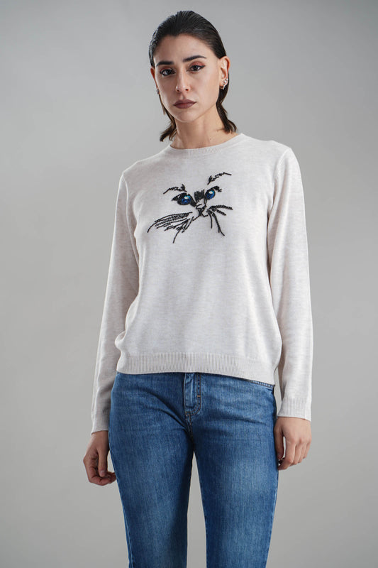 IL THÈ DELLE 5 Maglia girocollo con ricamo faccia gatto