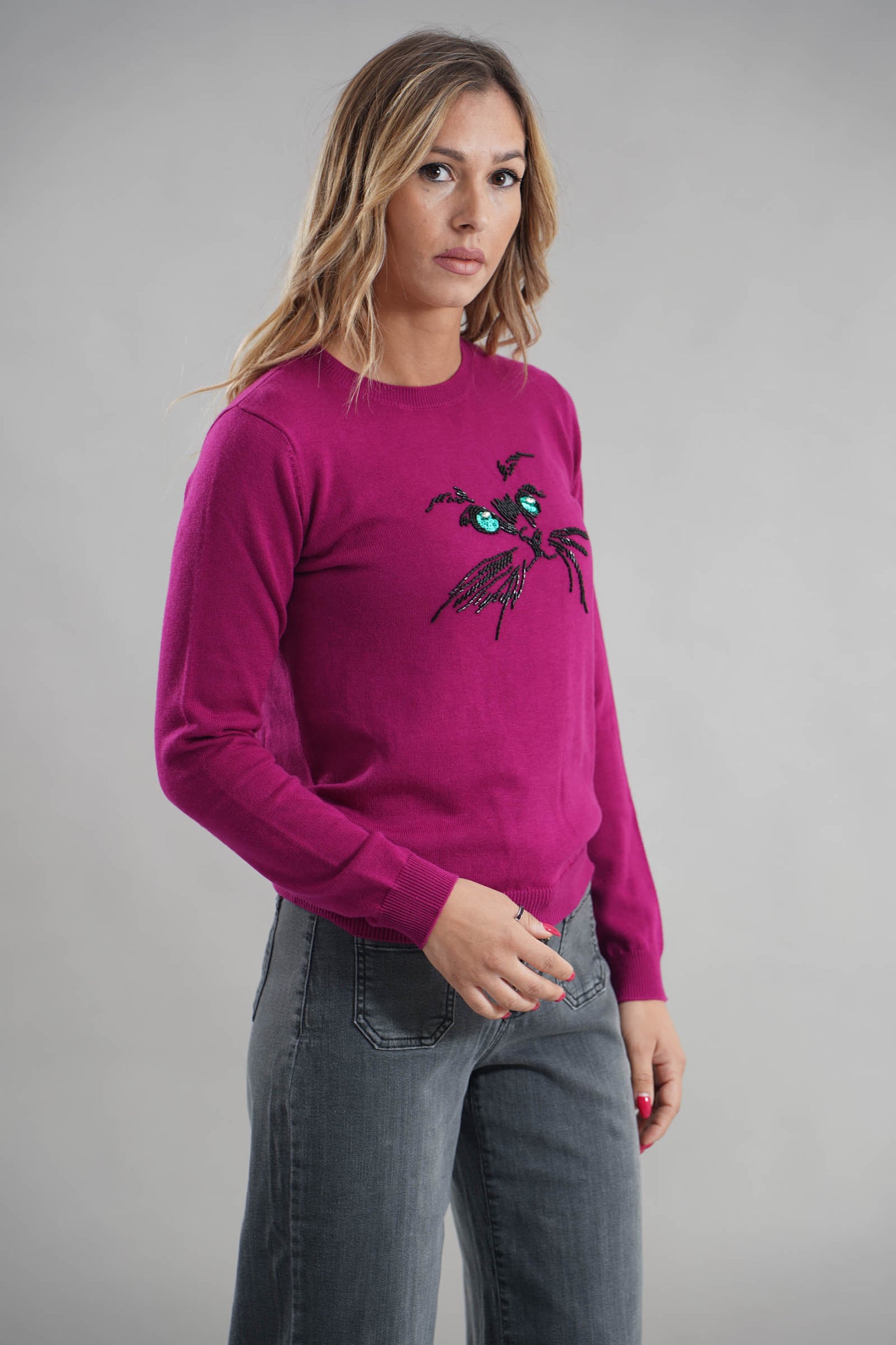 IL THÈ DELLE 5 Maglia girocollo con ricamo faccia gatto