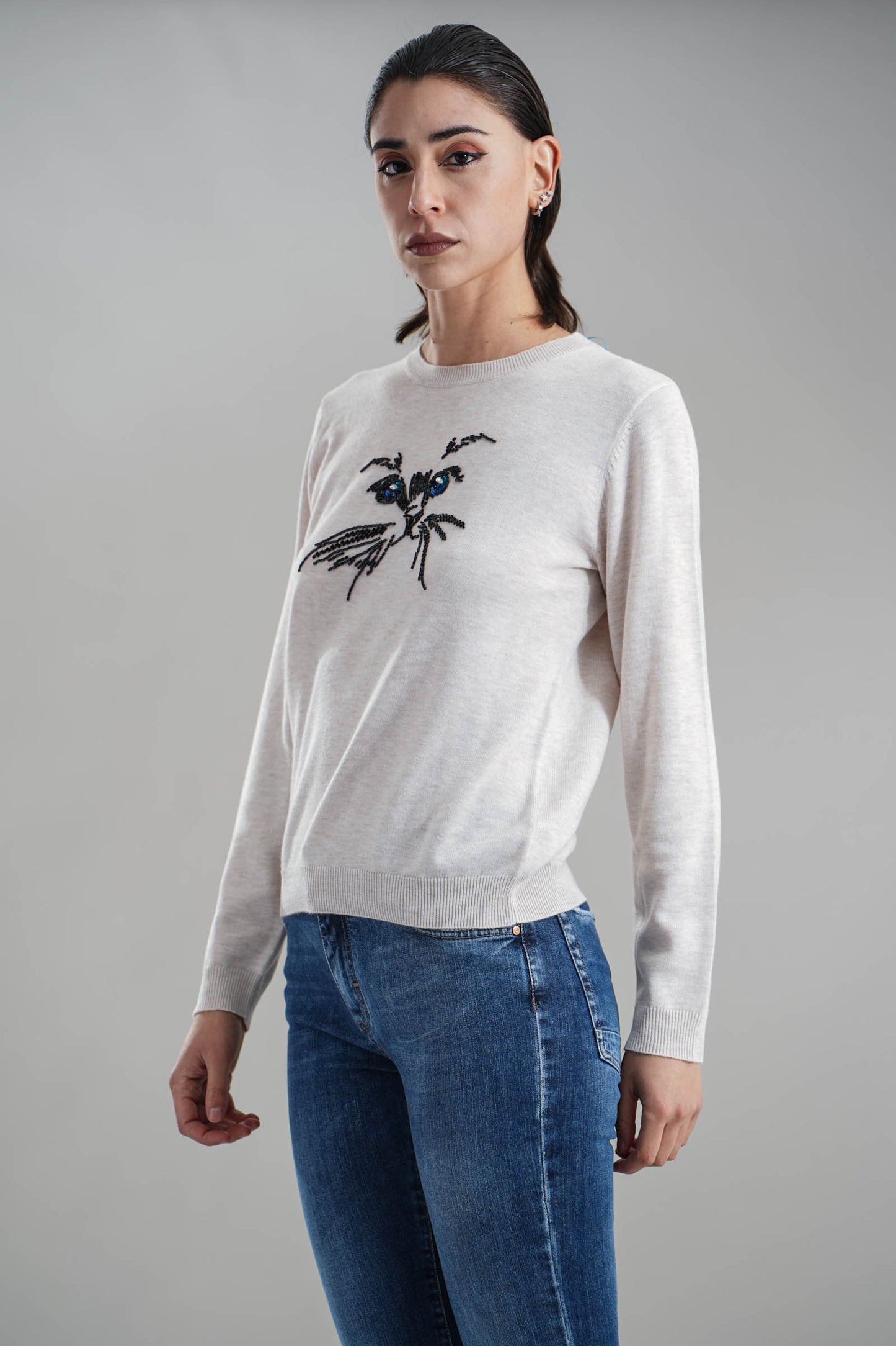 IL THÈ DELLE 5 Maglia girocollo con ricamo faccia gatto