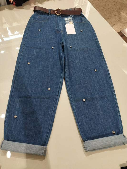 KOCCA Jeans ultraleggero gamba morbida con castoni e cintura mom fit
