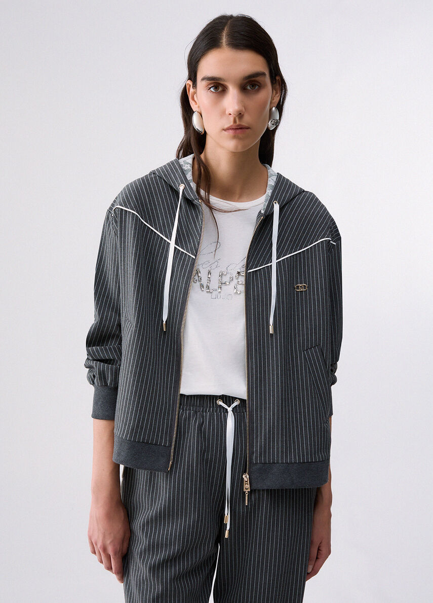 LIU JO Giacca gessata con zip, cappuccio e inserto in pizzo