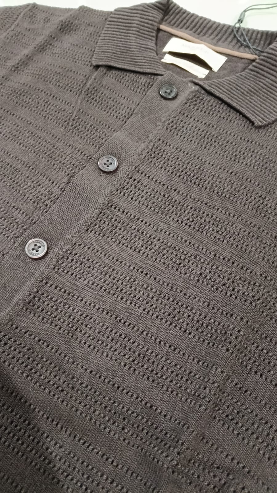 MARKUP Maglia di filo intarsiata maniche corte marrone collo a polo bottoni frontali