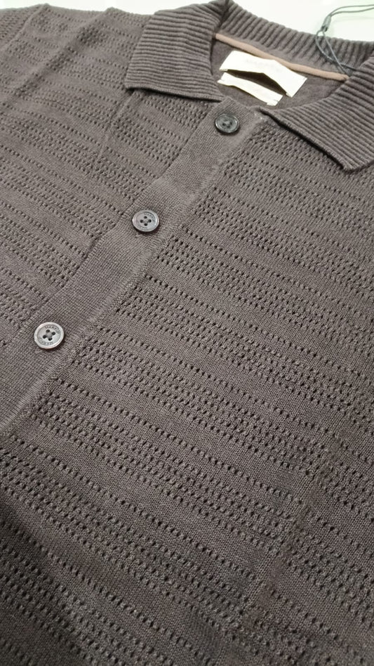 MARKUP Maglia di filo intarsiata maniche corte marrone collo a polo bottoni frontali