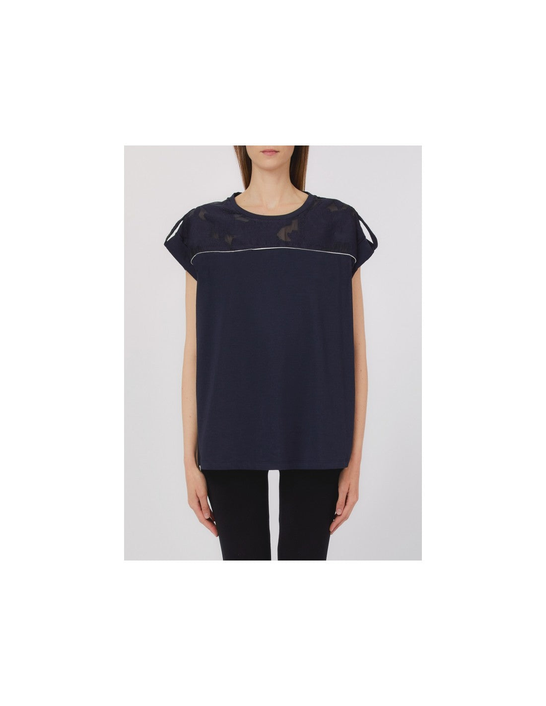 LIU JO T-shirt girocollo blu con inserti in organza jacquard