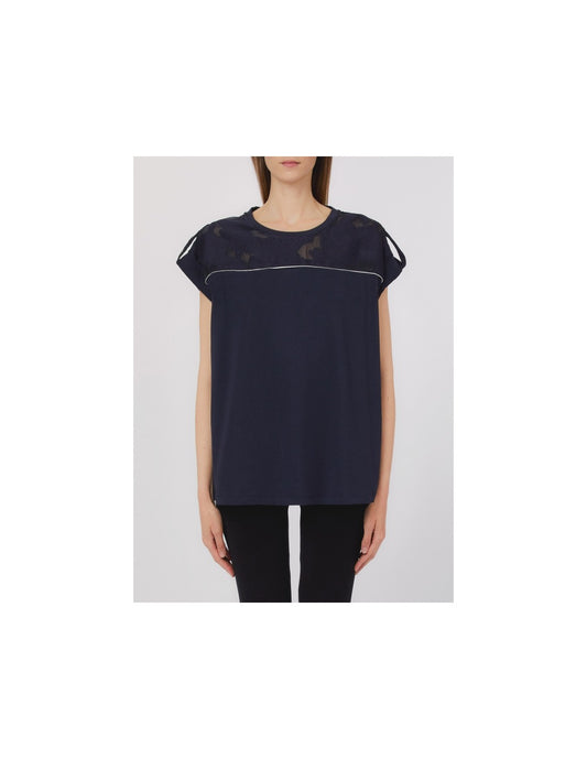 LIU JO T-shirt girocollo blu con inserti in organza jacquard