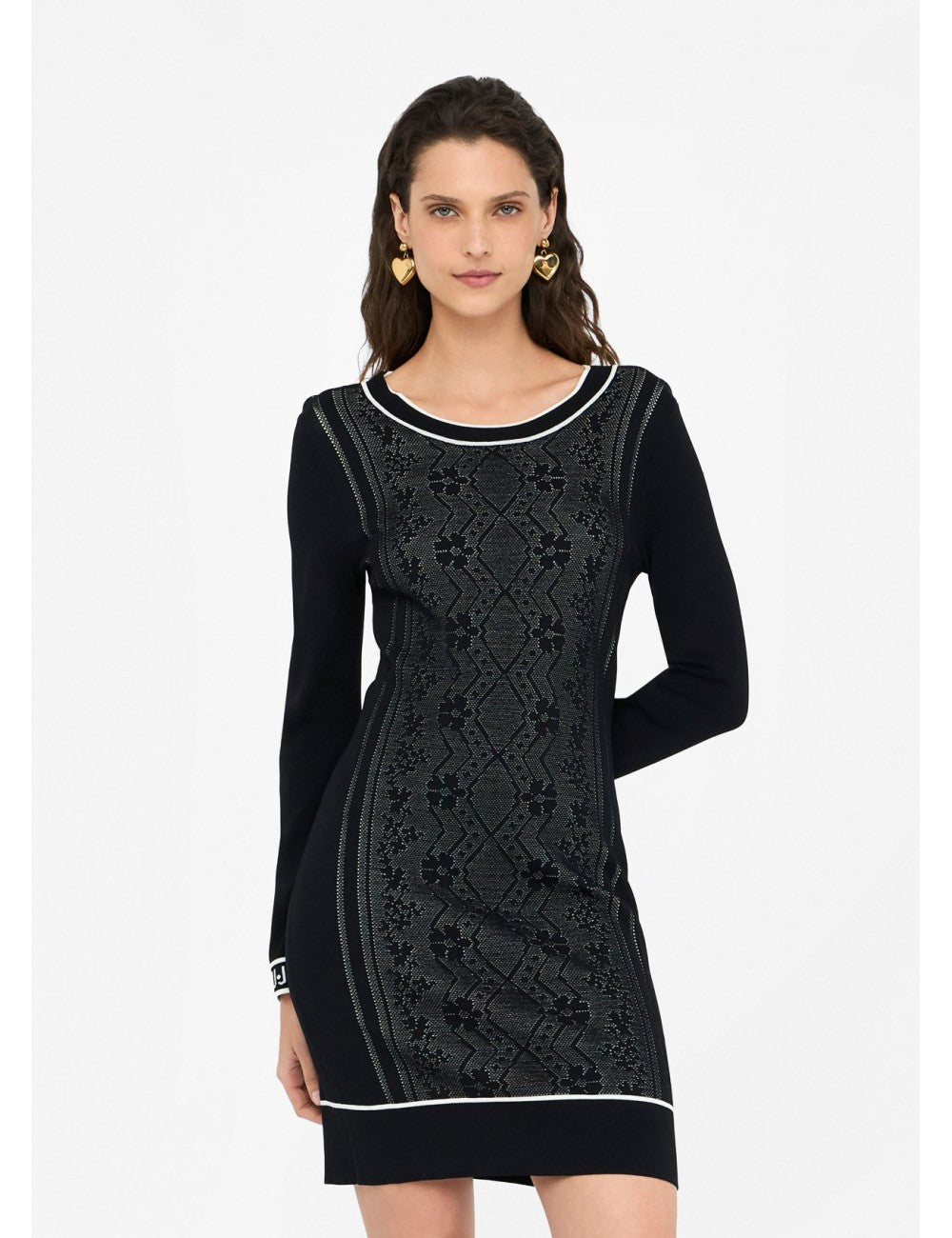 LIU JO Vestito in maglia girocollo effetto pizzo stampato bianco e nero